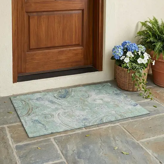 Aqua And Teal Blue Paisley Washable Indoor Outdoor Area Rug Photo 1
