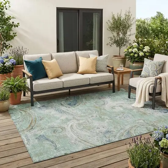 Aqua And Teal Blue Paisley Washable Indoor Outdoor Area Rug Photo 1