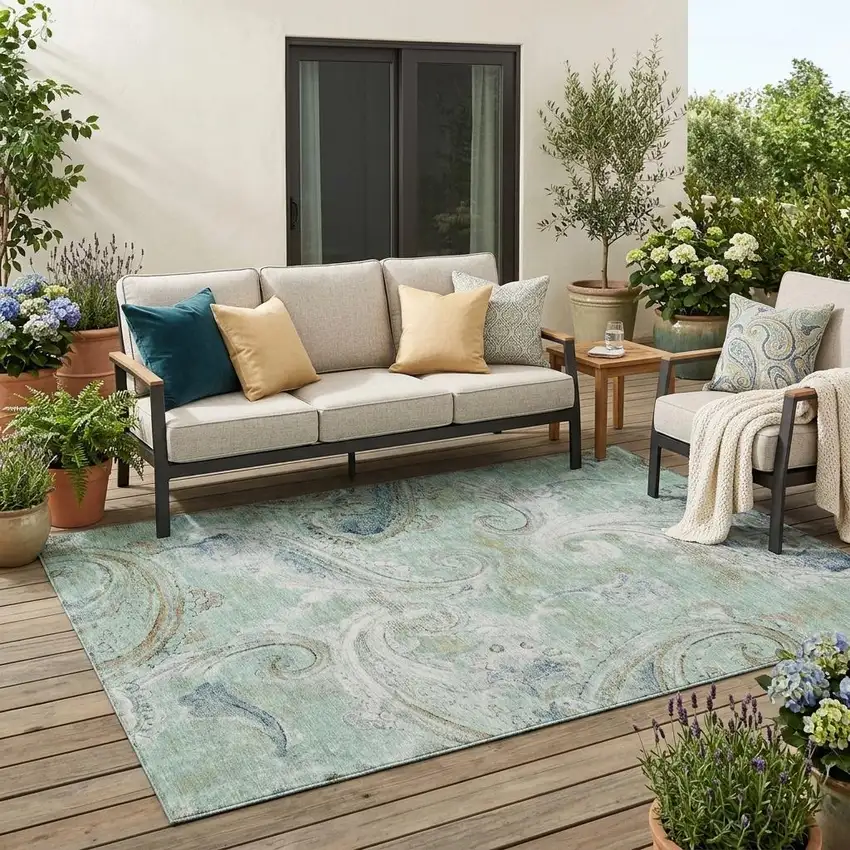 Aqua And Teal Blue Paisley Washable Indoor Outdoor Area Rug Photo 1