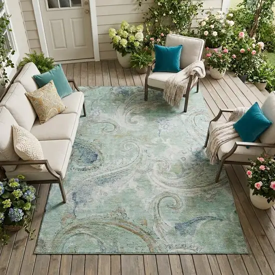 Aqua And Teal Blue Paisley Washable Indoor Outdoor Area Rug Photo 1