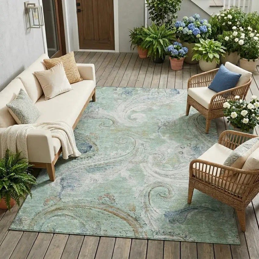 Aqua And Teal Blue Paisley Washable Indoor Outdoor Area Rug Photo 1