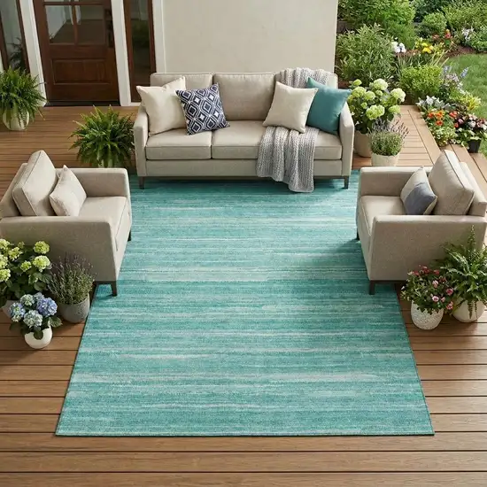 Aqua And Teal Blue Striped Washable Indoor Outdoor Area Rug Photo 1