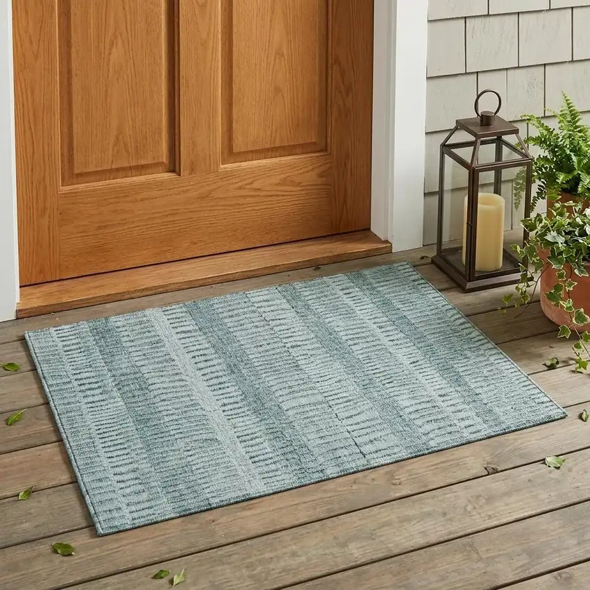 Aqua And Teal Blue Striped Washable Indoor Outdoor Area Rug Photo 1