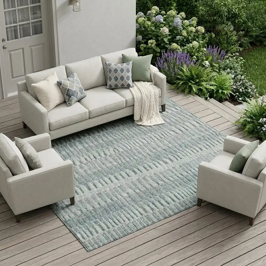 Aqua And Teal Blue Striped Washable Indoor Outdoor Area Rug Photo 1