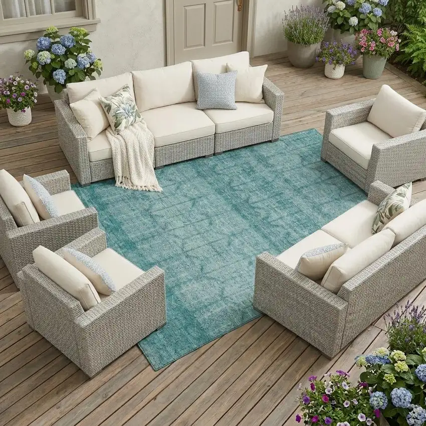 Aqua And Teal Blue Tribal Washable Indoor Outdoor Area Rug Photo 1