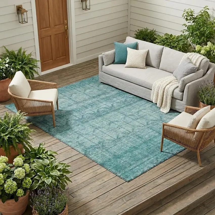 Aqua And Teal Blue Tribal Washable Indoor Outdoor Area Rug Photo 1