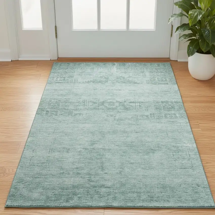 Aqua And Teal Oriental Washable Area Rug With UV Protection Photo 2