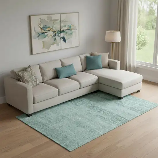 Aqua And Teal Oriental Washable Area Rug With UV Protection Photo 2