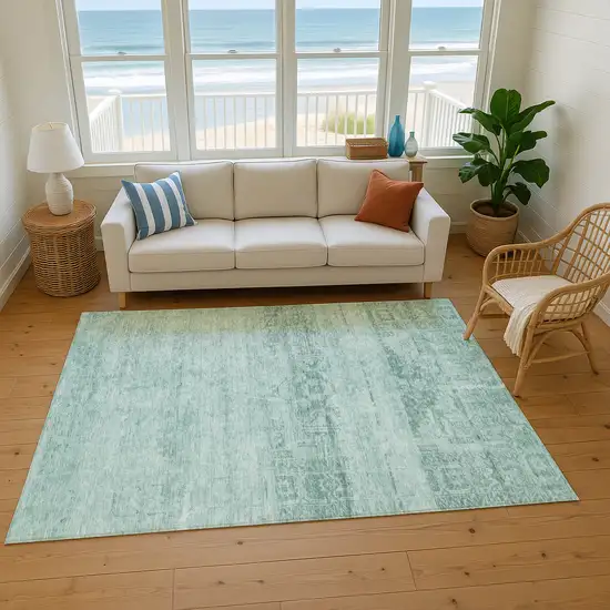 Aqua And Teal Oriental Washable Area Rug With UV Protection Photo 5