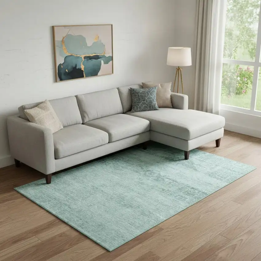 Aqua And Teal Oriental Washable Area Rug With UV Protection Photo 2