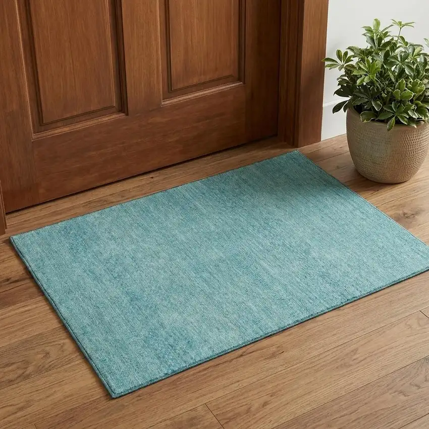 Aqua And Teal Striped Washable Area Rug With UV Protection Photo 1