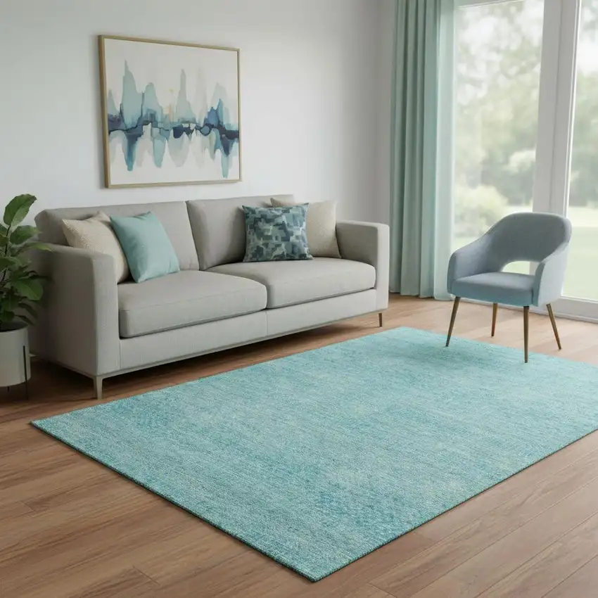 Aqua And Teal Striped Washable Area Rug With UV Protection Photo 2