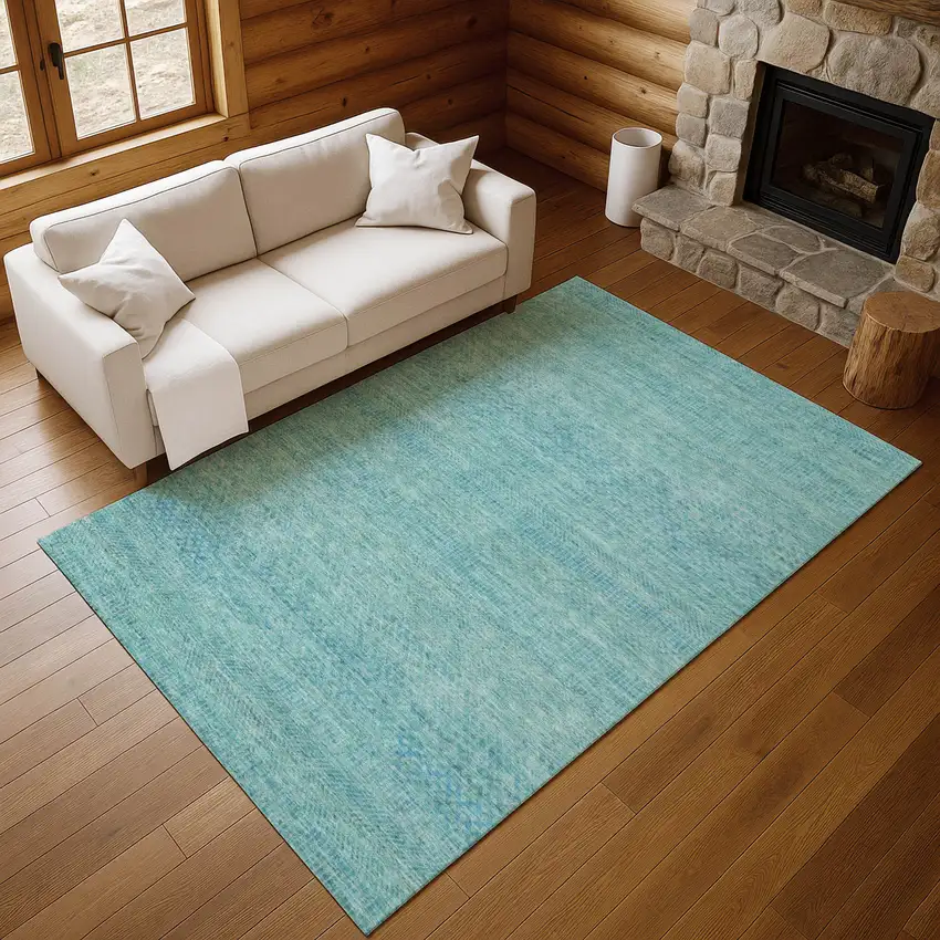 Aqua And Teal Striped Washable Area Rug With UV Protection Photo 6