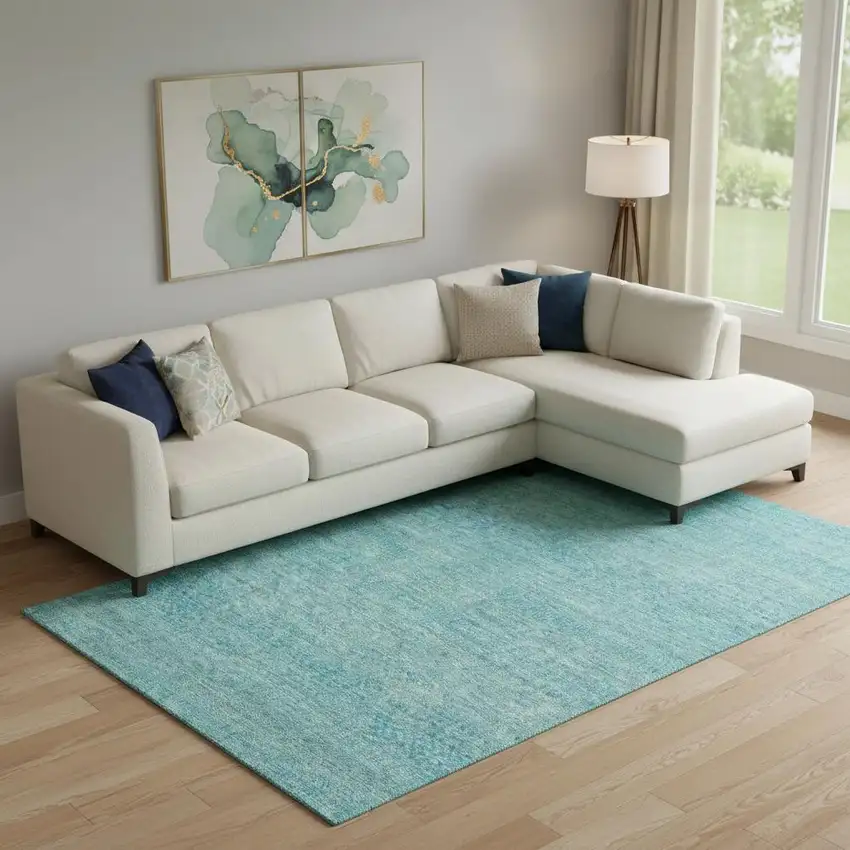 Aqua And Teal Striped Washable Area Rug With UV Protection Photo 2