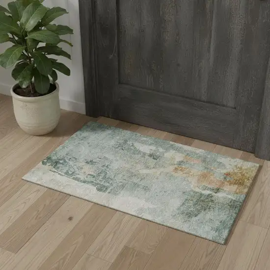 Aqua And Wheat Abstract Washable Area Rug With UV Protection Photo 1