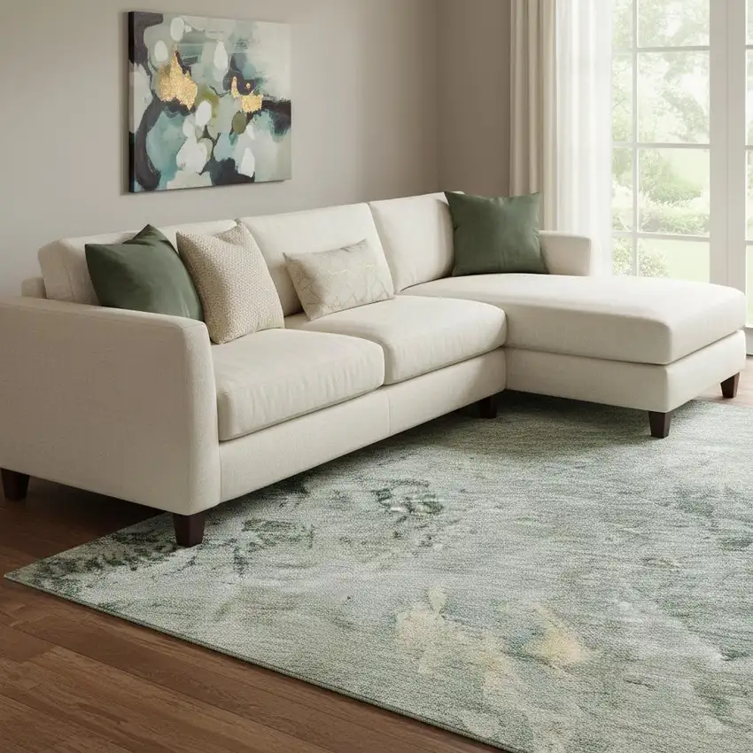 Aqua And Wheat Abstract Washable Area Rug With UV Protection Photo 2