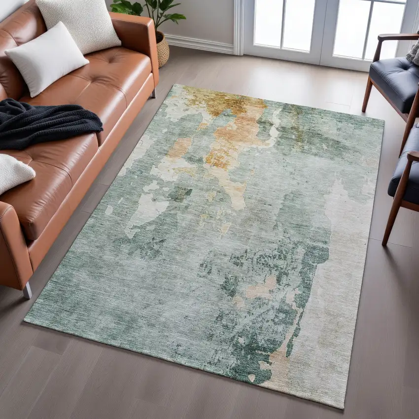 Aqua And Wheat Abstract Washable Area Rug With UV Protection Photo 3