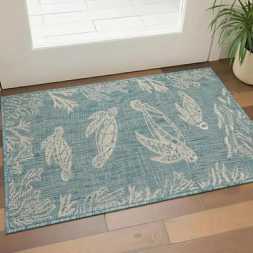 Aqua And White Animal Print Area Rug Photo 1