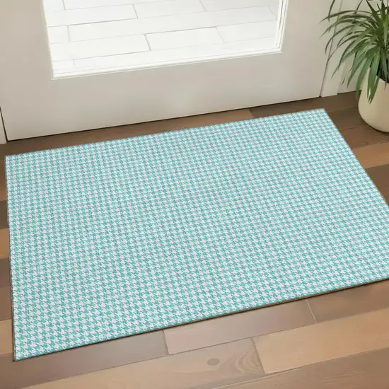 Aqua And White Houndstooth Washable Area Rug With UV Protection Photo 1
