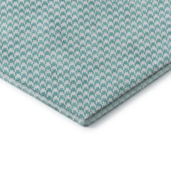 Aqua And White Houndstooth Washable Area Rug With UV Protection Photo 7