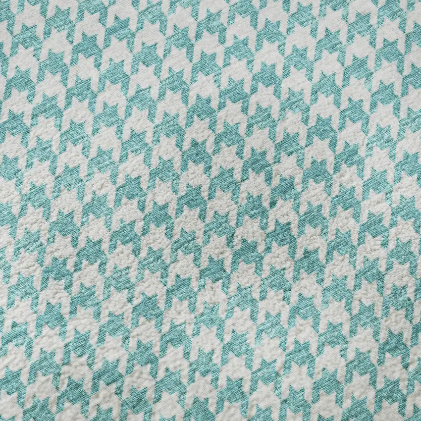 Aqua And White Houndstooth Washable Area Rug With UV Protection Photo 9