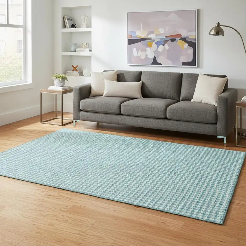 Aqua And White Houndstooth Washable Area Rug With UV Protection Photo 1