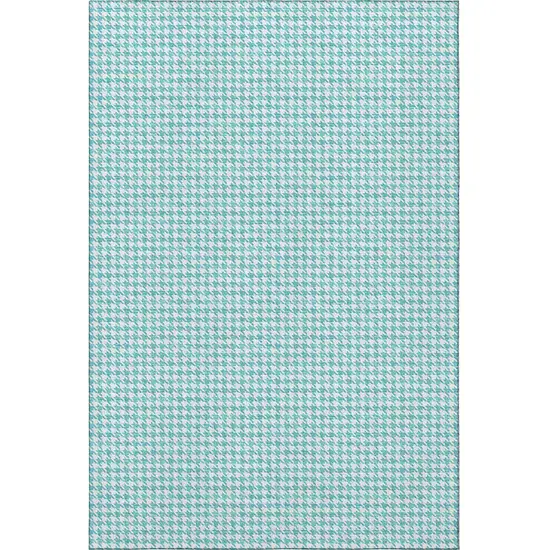 Aqua And White Houndstooth Washable Area Rug With UV Protection Photo 4