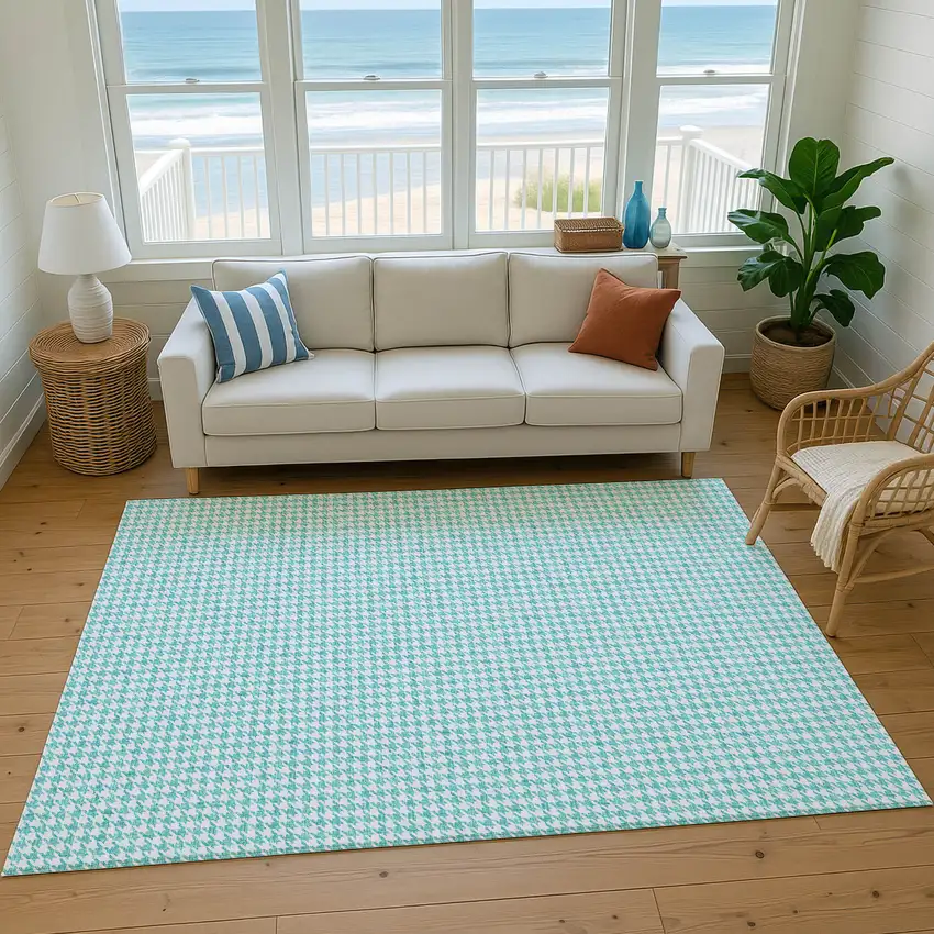 Aqua And White Houndstooth Washable Area Rug With UV Protection Photo 6