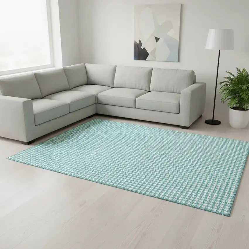 Aqua And White Houndstooth Washable Area Rug With UV Protection Photo 1