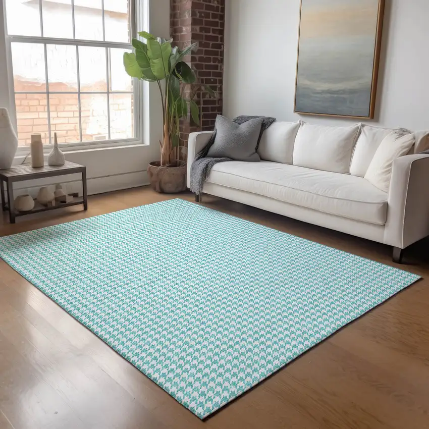 Aqua And White Houndstooth Washable Area Rug With UV Protection Photo 5