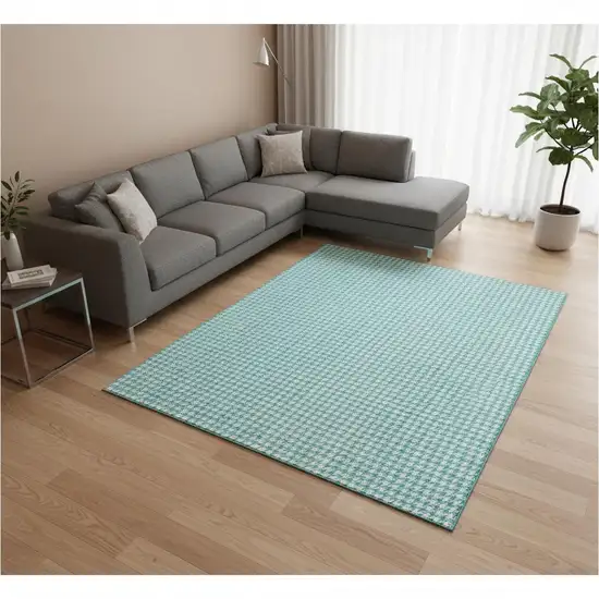 Aqua And White Houndstooth Washable Area Rug With UV Protection Photo 1