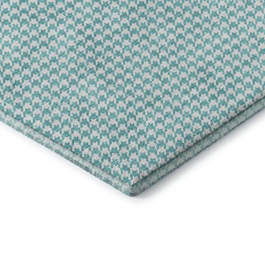 Aqua And White Houndstooth Washable Area Rug With UV Protection Photo 8