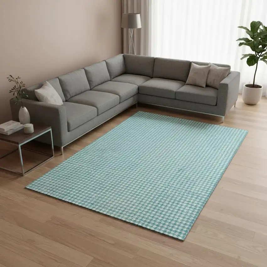 Aqua And White Houndstooth Washable Area Rug With UV Protection Photo 1