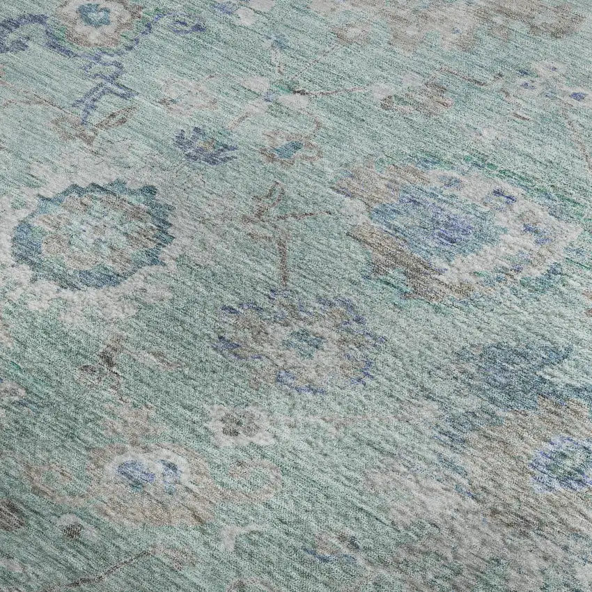 Aqua Beige And Taupe Floral Washable Area Rug With UV Protection Photo 2