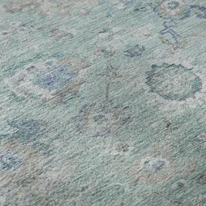 Photo of Aqua Beige And Taupe Floral Washable Area Rug With UV Protection