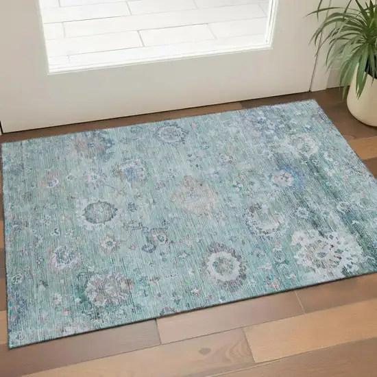Aqua Beige And Taupe Floral Washable Area Rug With UV Protection Photo 1