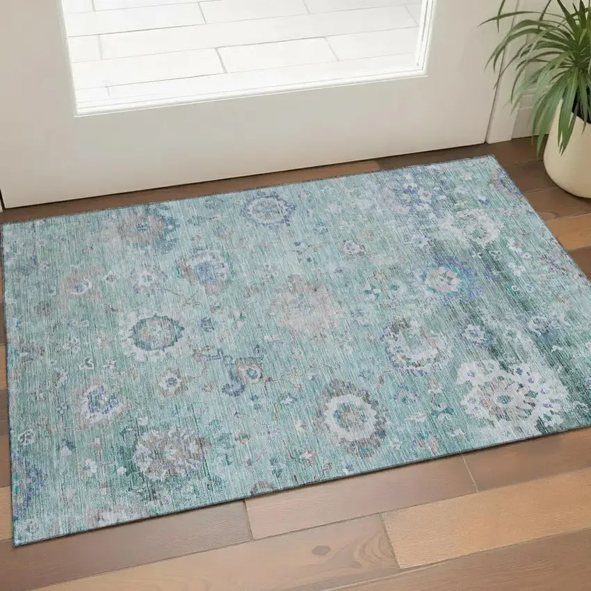 Aqua Beige And Taupe Floral Washable Area Rug With UV Protection Photo 1