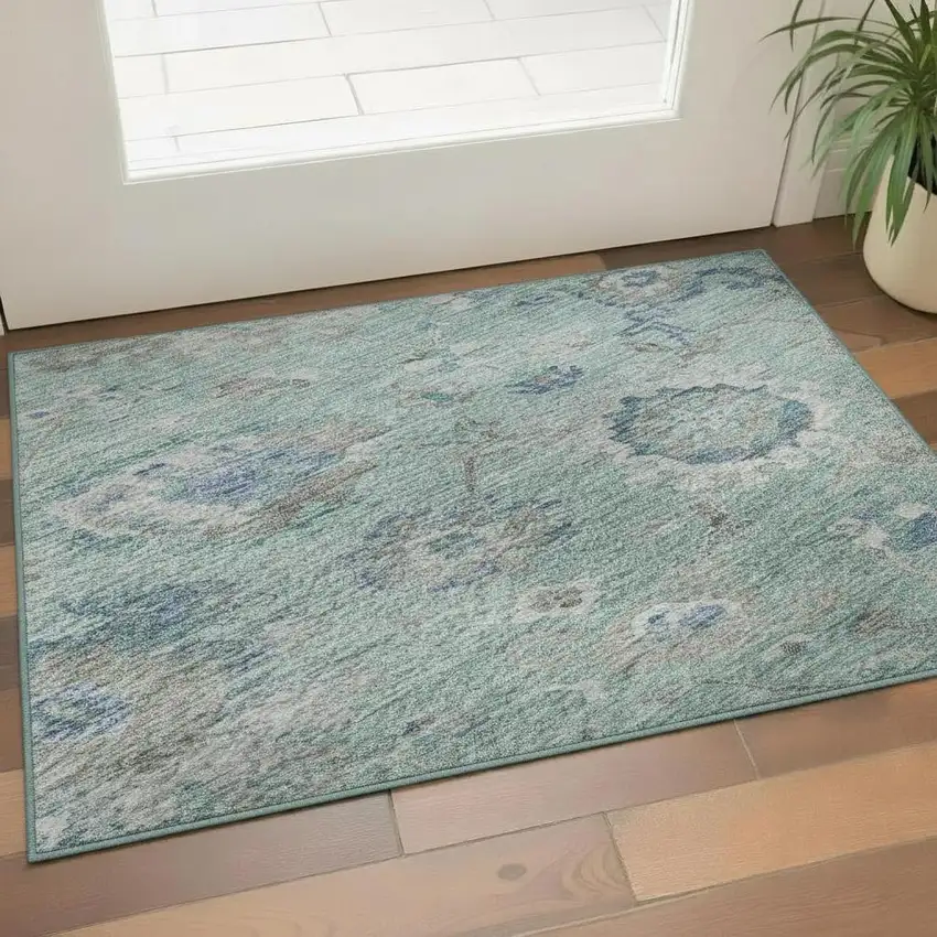 Aqua Beige And Taupe Floral Washable Area Rug With UV Protection Photo 2