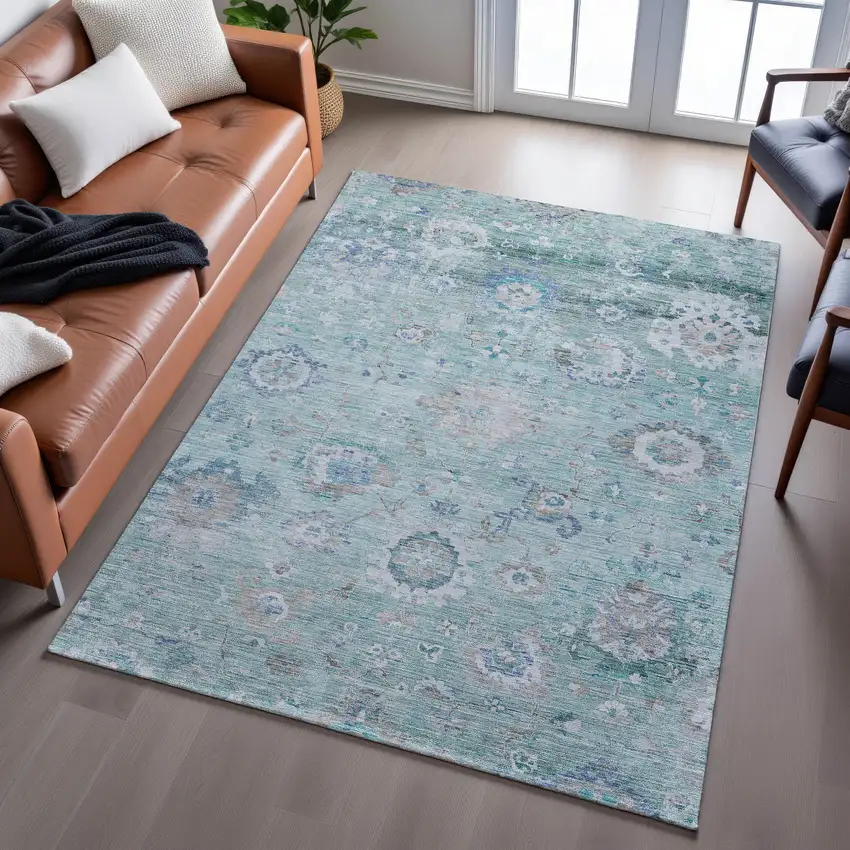 Aqua Beige And Taupe Floral Washable Area Rug With UV Protection Photo 5