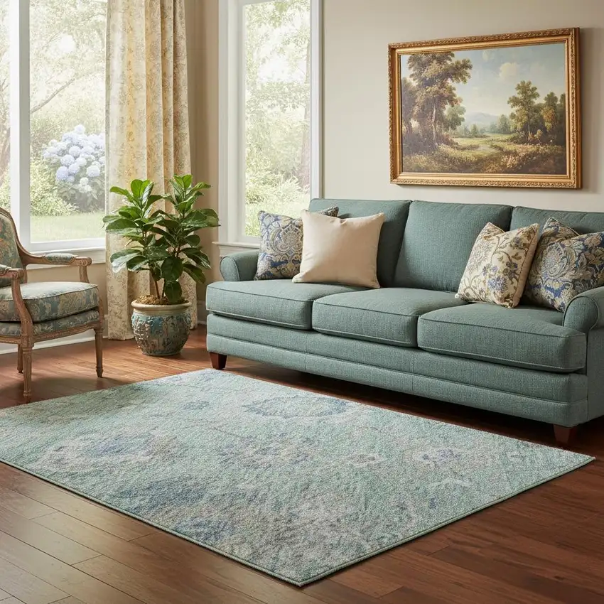 Aqua Beige And Taupe Floral Washable Area Rug With UV Protection Photo 2