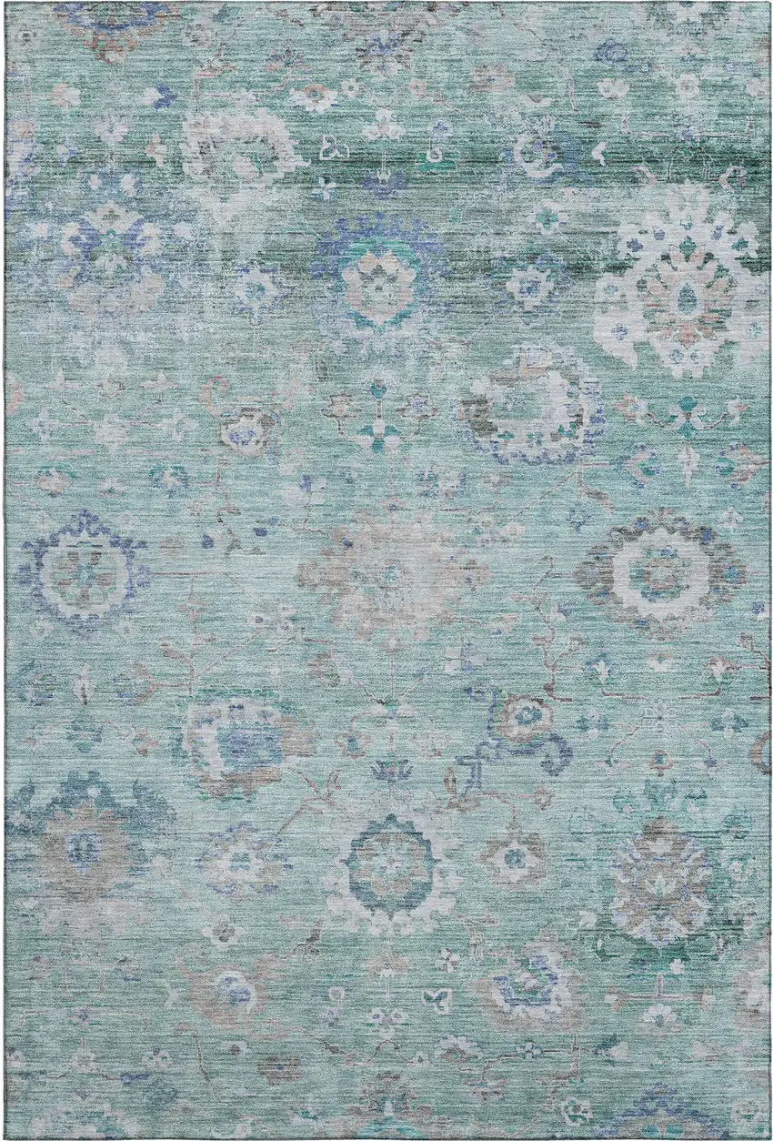 Aqua Beige And Taupe Floral Washable Area Rug With UV Protection Photo 6