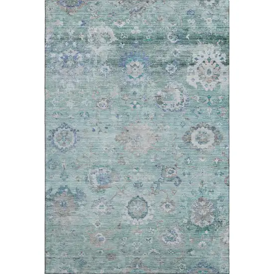 Aqua Beige And Taupe Floral Washable Area Rug With UV Protection Photo 5