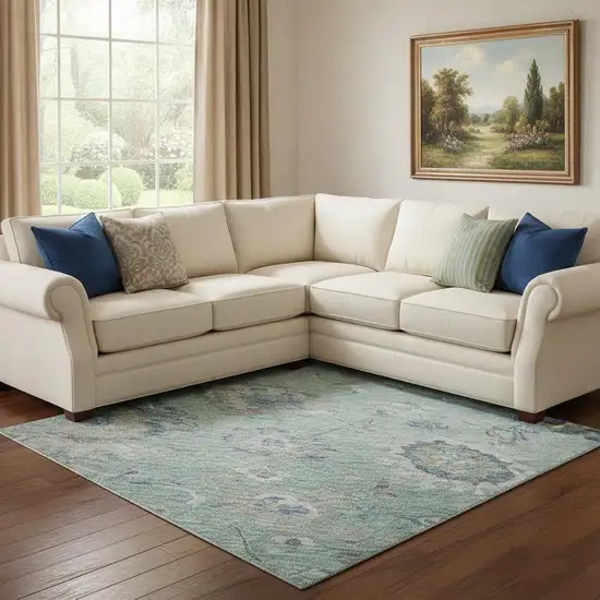 Aqua Beige And Taupe Floral Washable Area Rug With UV Protection Photo 2