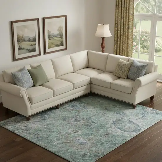 Aqua Beige And Taupe Floral Washable Area Rug With UV Protection Photo 2