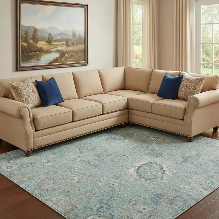 Aqua Beige And Taupe Floral Washable Area Rug With UV Protection Photo 2