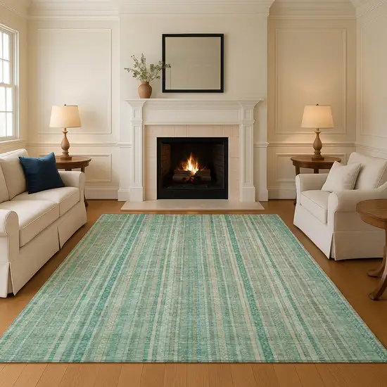 Aqua Beige And Teal Striped Washable Area Rug With UV Protection Photo 4