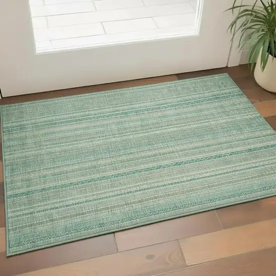 Aqua Beige And Teal Striped Washable Area Rug With UV Protection Photo 2