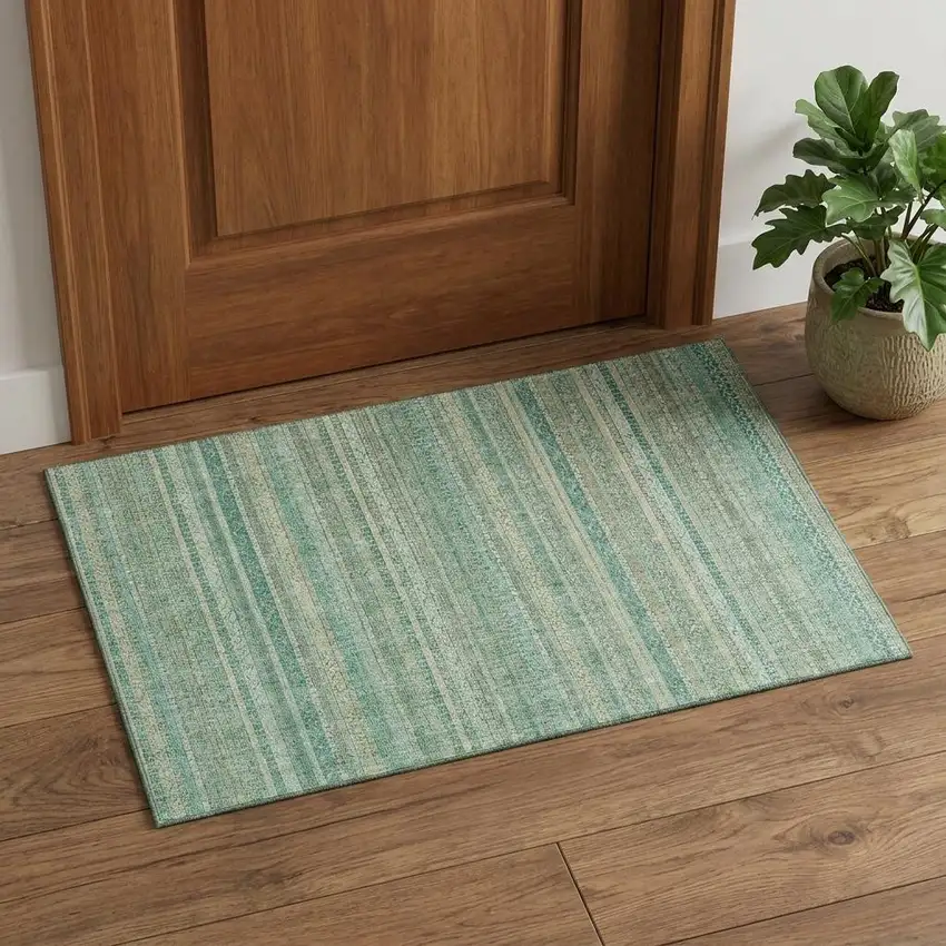 Aqua Beige And Teal Striped Washable Area Rug With UV Protection Photo 1