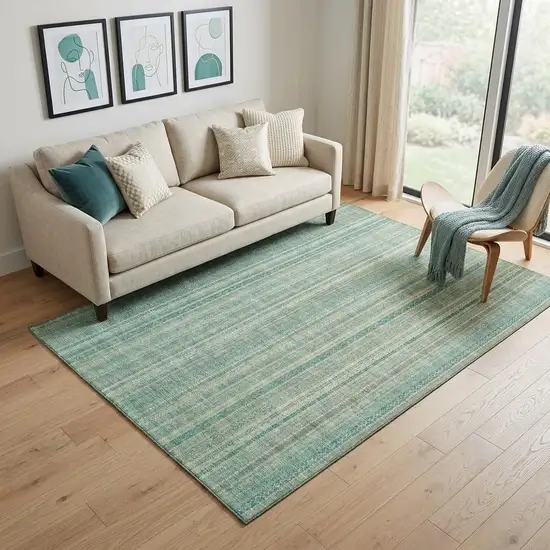 Aqua Beige And Teal Striped Washable Area Rug With UV Protection Photo 1