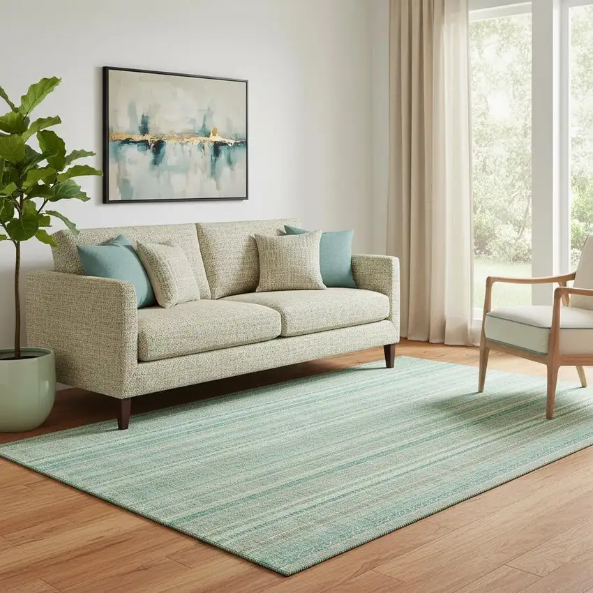 Aqua Beige And Teal Striped Washable Area Rug With UV Protection Photo 2